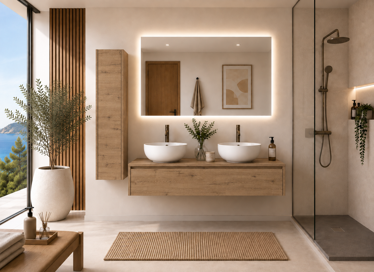 Mobilier de baie FORMENTERA cu lavoar pe blat, finisaj Estepa