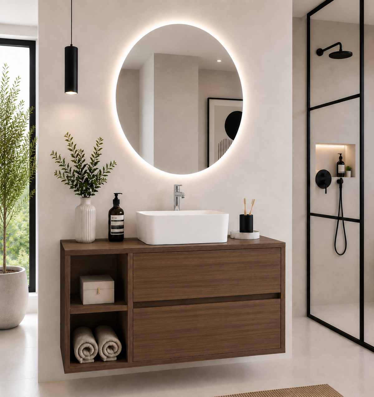 Mobilier de baie ZEUS cu blat de lemn și lavoar pe blat