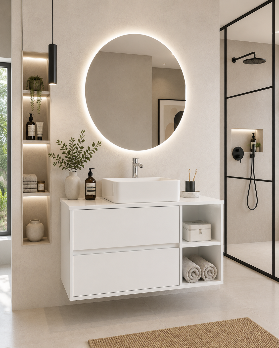 Mobilier de baie ZEUS cu blat de lemn și lavoar pe blat