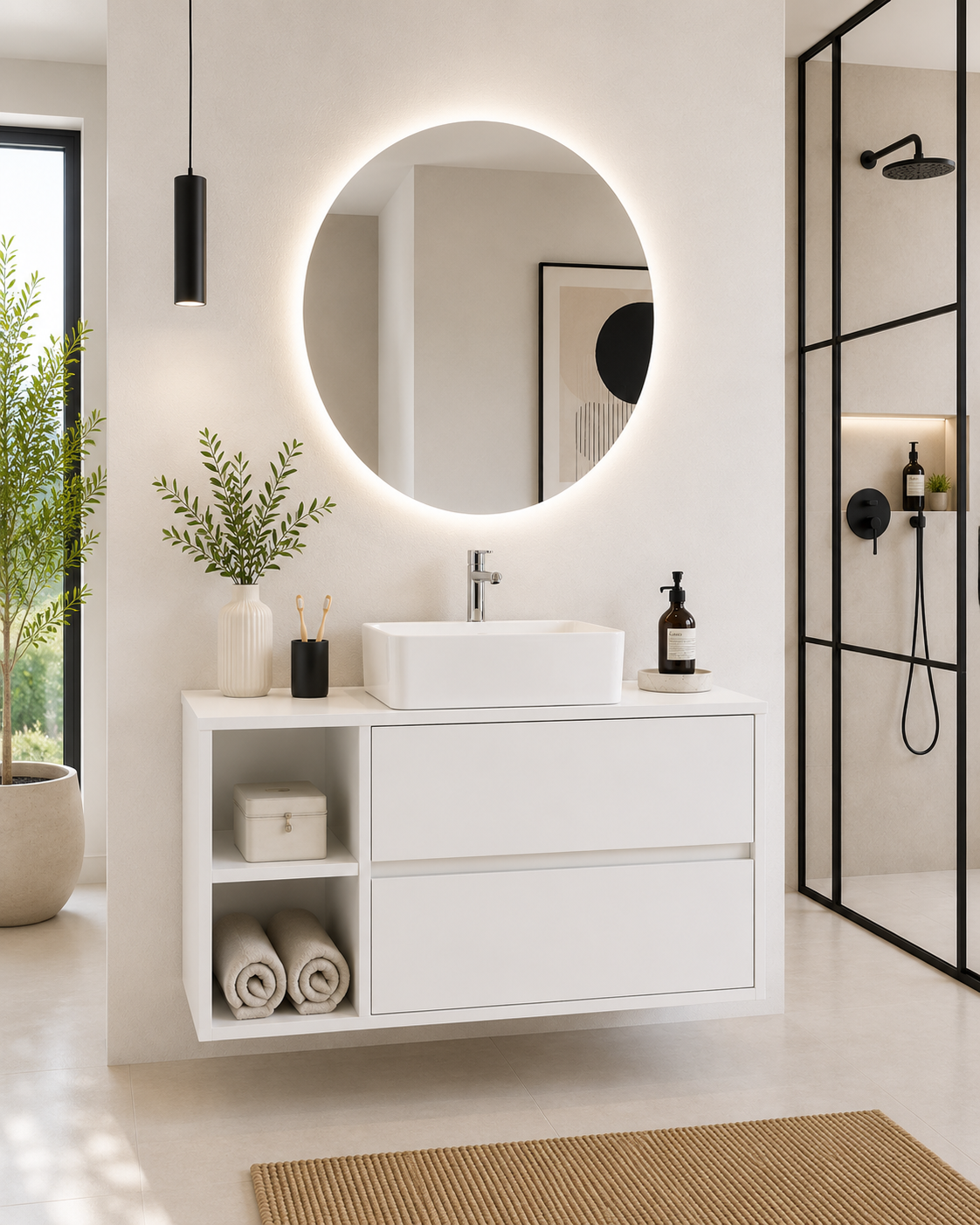 Mobilier de baie ZEUS cu blat de lemn și lavoar pe blat
