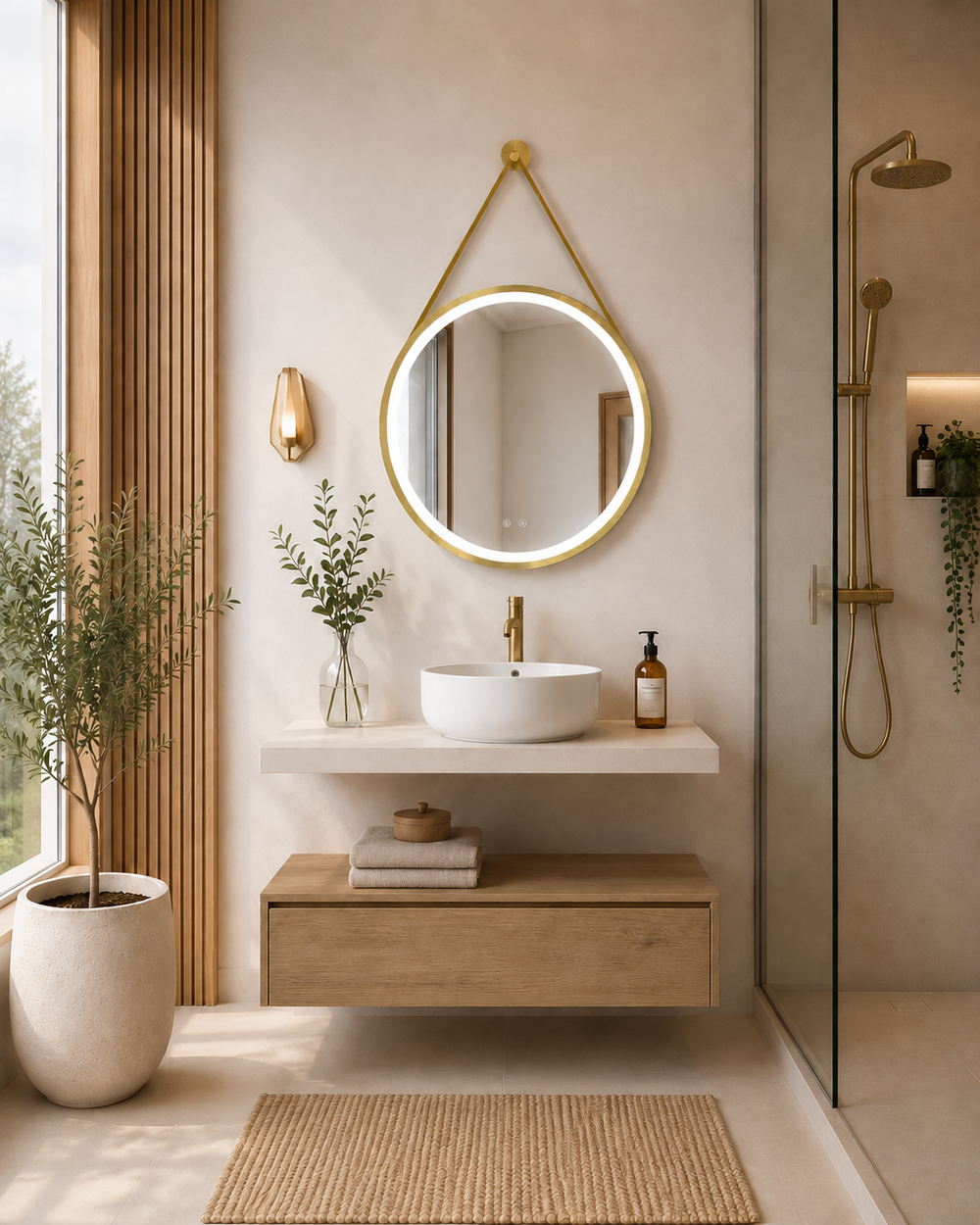 Mobilier de baie suspendat CERDEÑA cu modul Estepa și blat alb · Estepa
