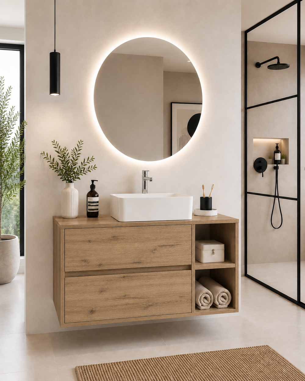 Mobilier de baie ZEUS cu blat de lemn și lavoar pe blat · Estepa