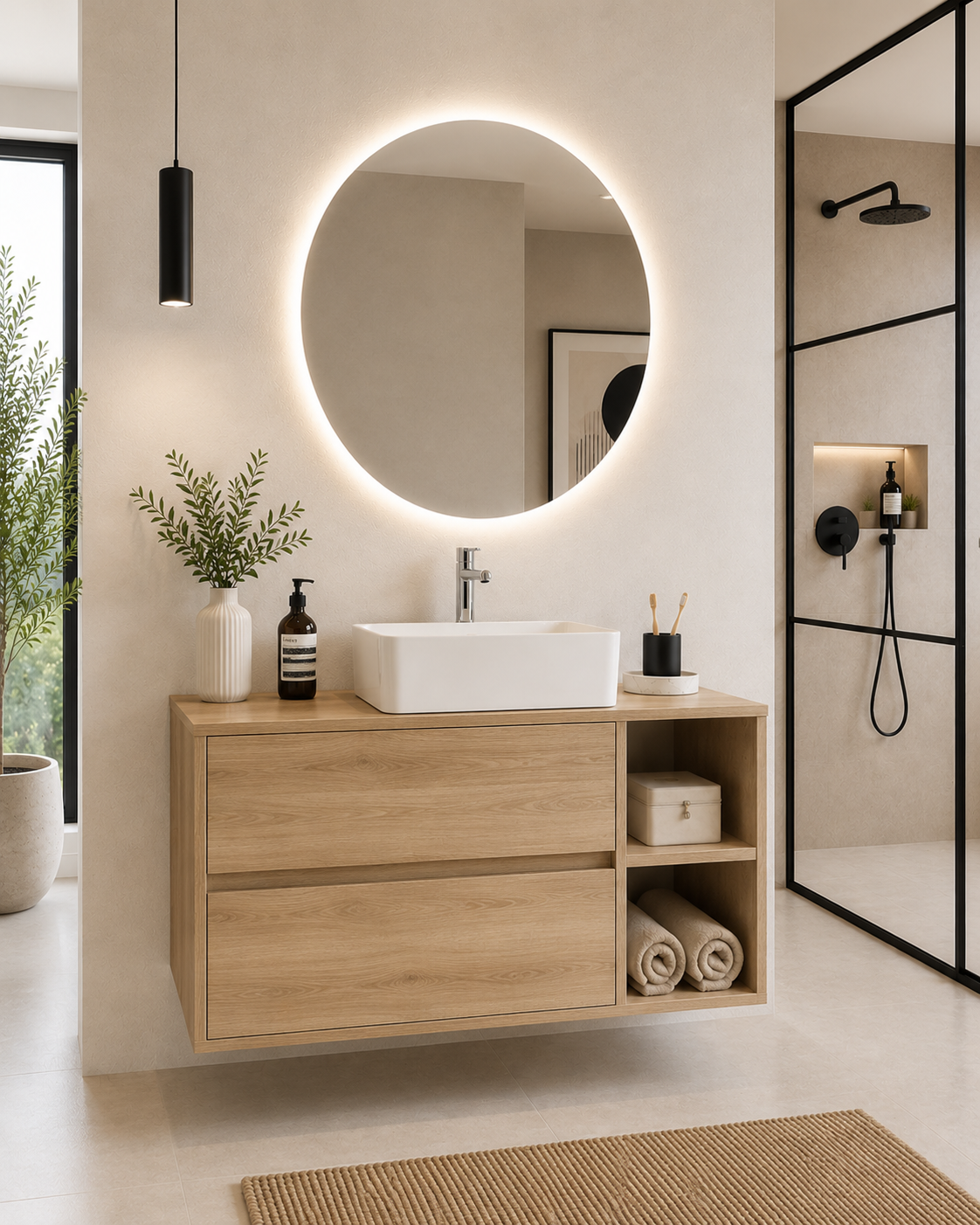 Mobilier de baie ZEUS cu blat de lemn și lavoar pe blat