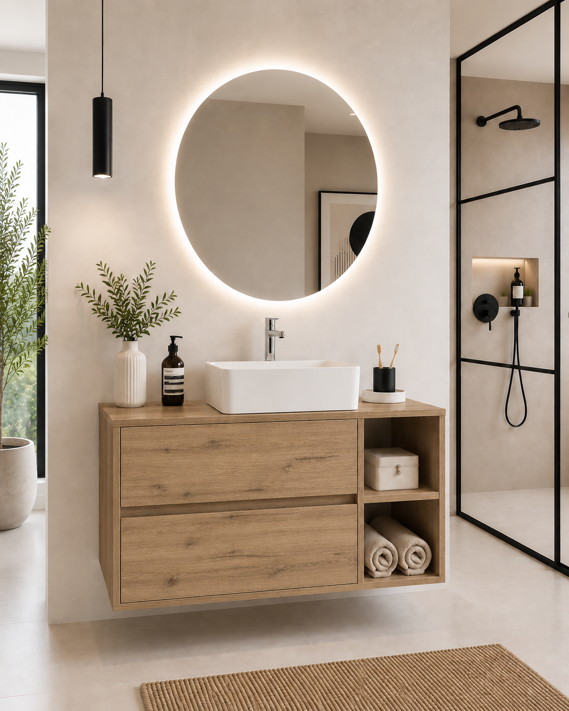 Mobilier de baie ZEUS cu blat de lemn și lavoar pe blat