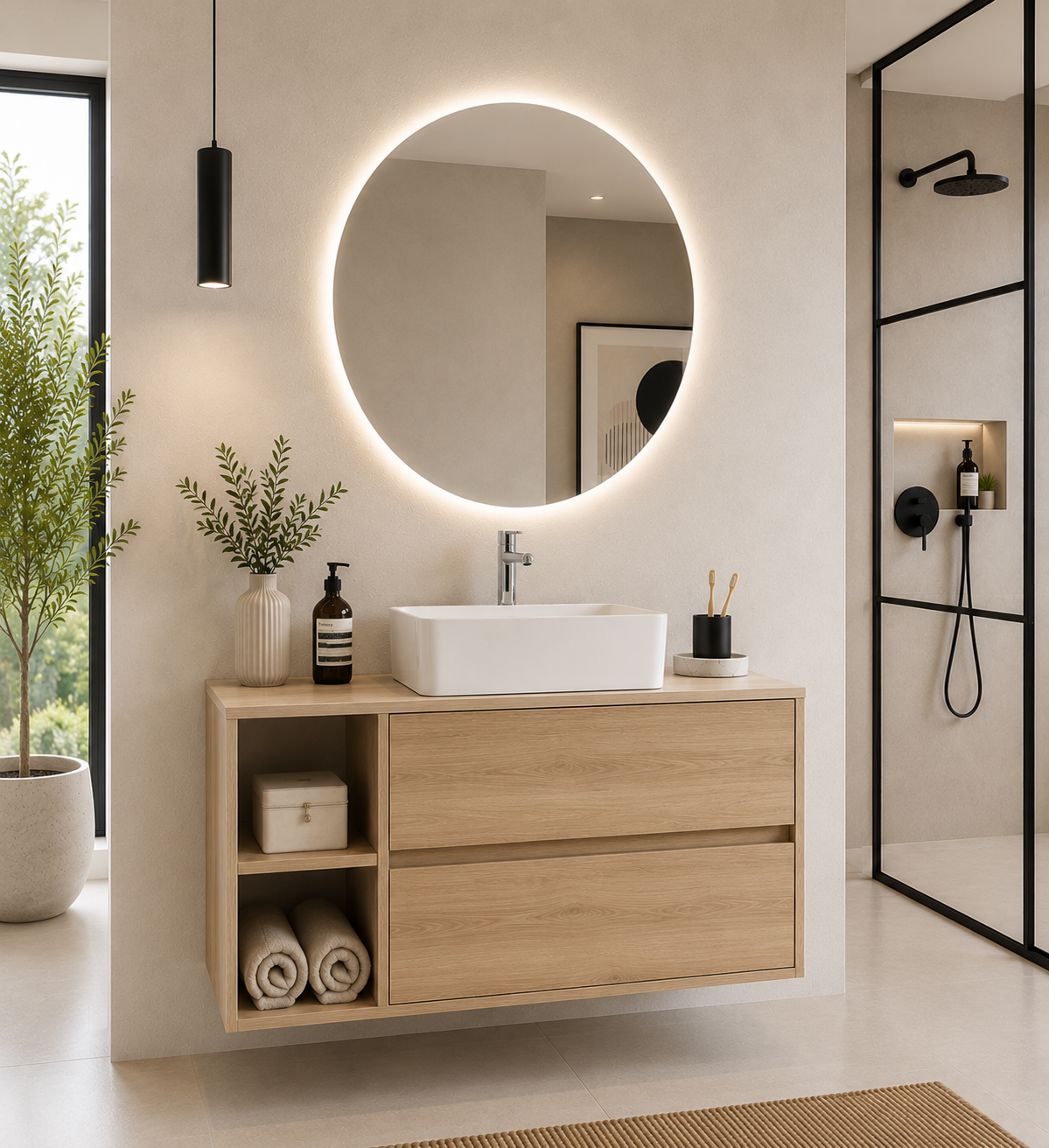 Mobilier de baie ZEUS cu blat de lemn și lavoar pe blat