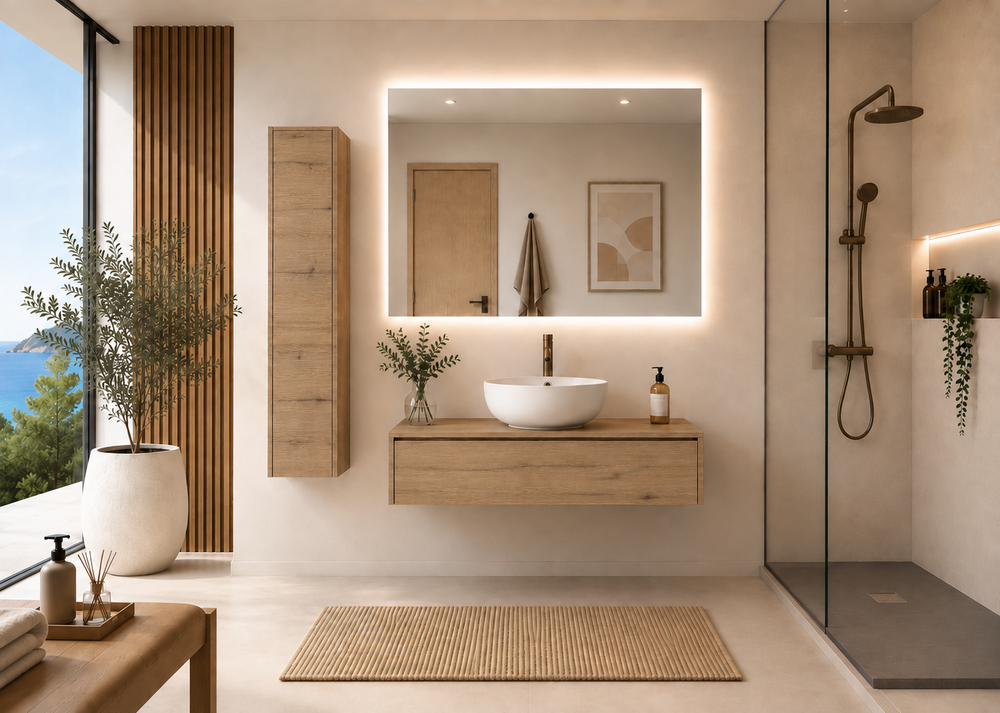 Mobilier de baie FORMENTERA cu lavoar pe blat, finisaj Estepa · Estepa