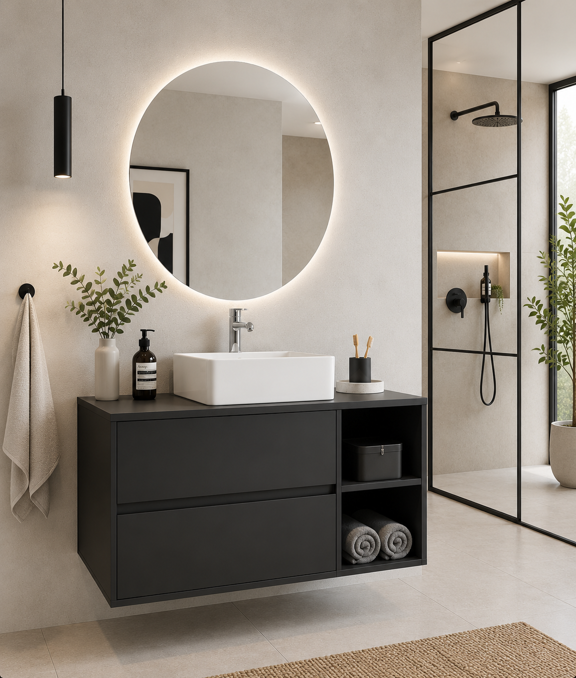 Mobilier de baie ZEUS cu blat de lemn și lavoar pe blat