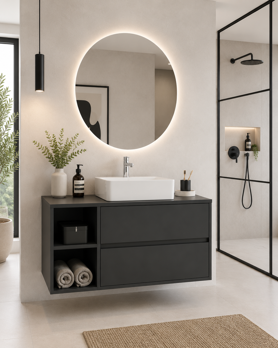 Mobilier de baie ZEUS cu blat de lemn și lavoar pe blat