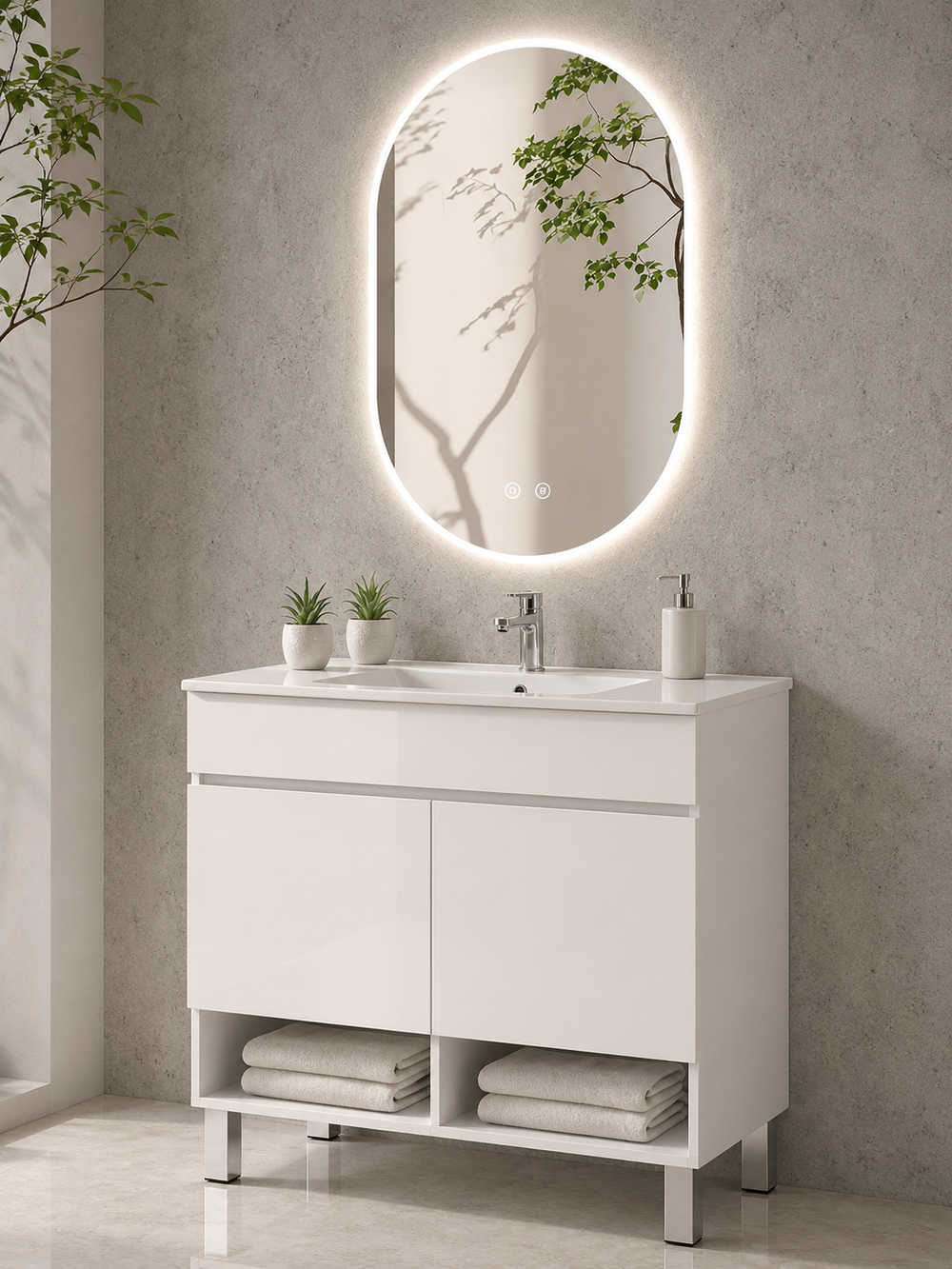 Mobilier de baie cu picioare NEBARI cu uși și lavoar extraplano · Alb lucios