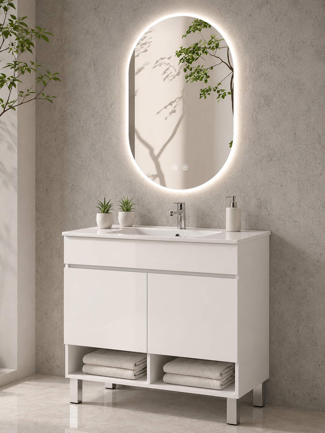 Mobilier de baie cu picioare NEBARI cu uși și lavoar extraplano