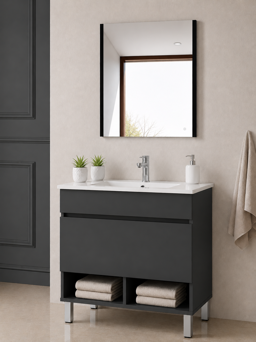 Mobilier de baie cu picioare NEBARI cu sertar și lavoar extraplano