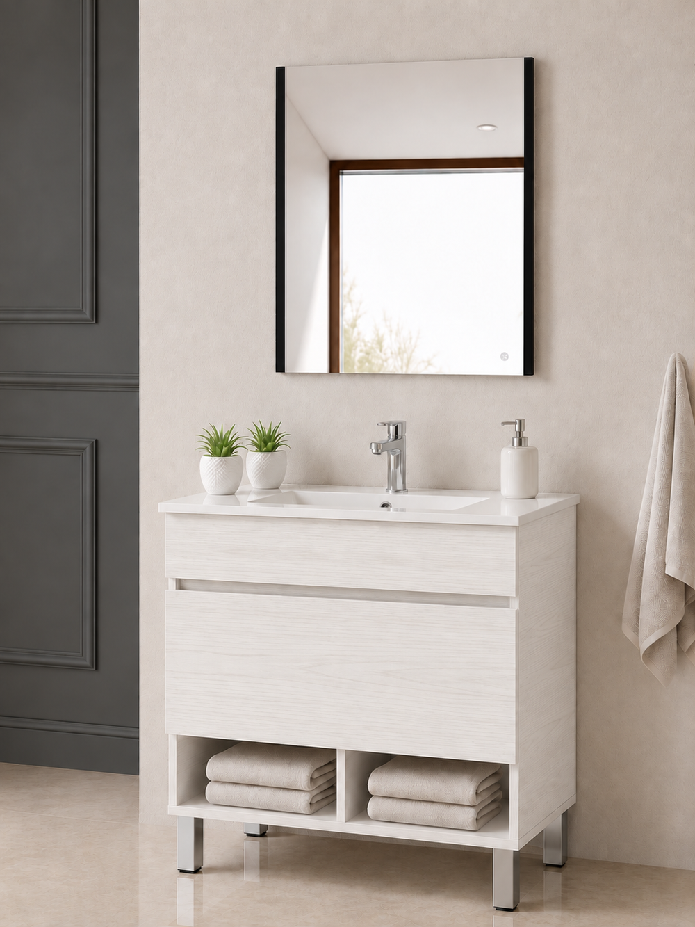 Mobilier de baie cu picioare NEBARI cu sertar și lavoar extraplano · Alb nordic