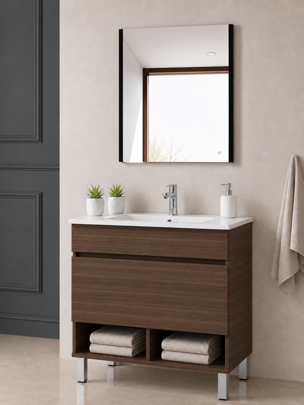 Mobilier de baie cu picioare NEBARI cu sertar și lavoar extraplano · Frasin Tea