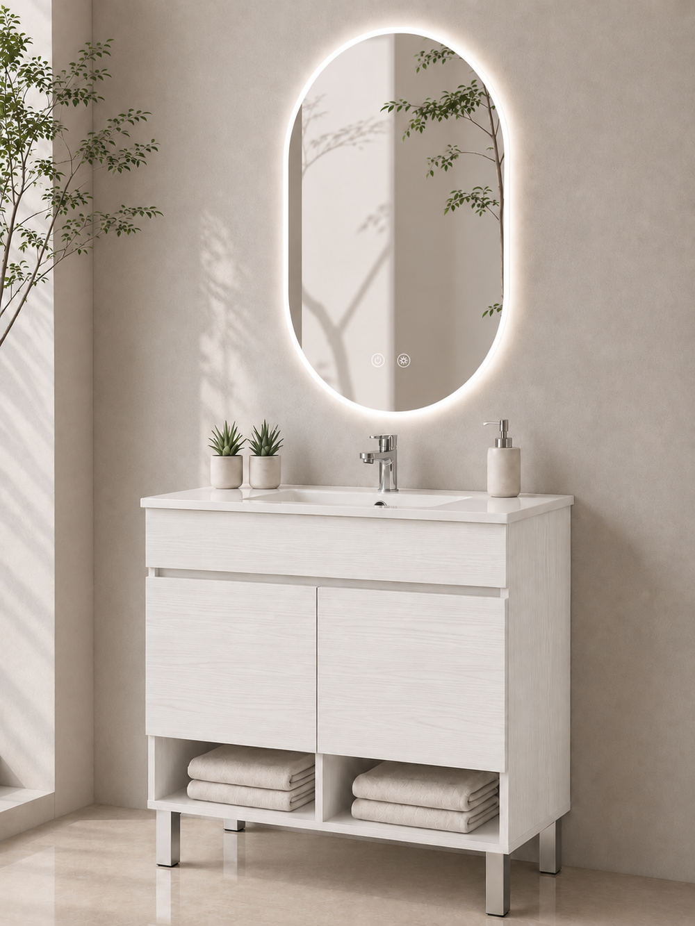 Mobilier de baie cu picioare NEBARI cu uși și lavoar extraplano · Alb nordic