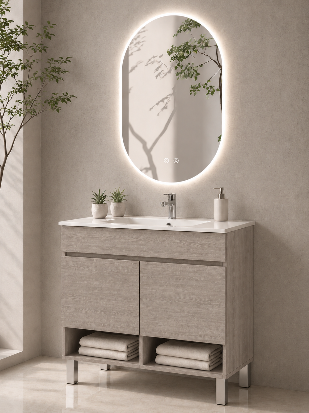 Mobilier de baie cu picioare NEBARI cu uși și lavoar extraplano · Stejar Smoky