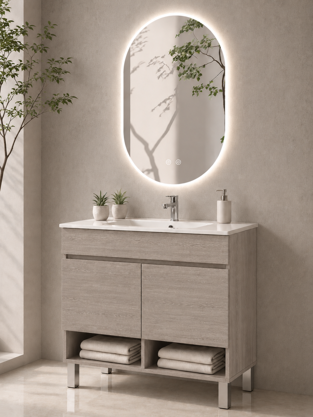 Mobilier de baie cu picioare NEBARI cu uși și lavoar extraplano