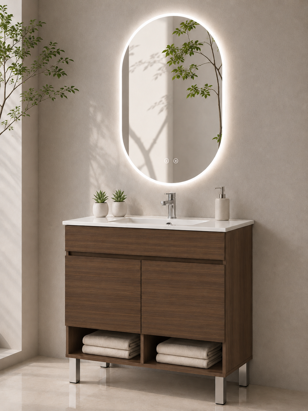 Mobilier de baie cu picioare NEBARI cu uși și lavoar extraplano · Frasin Tea