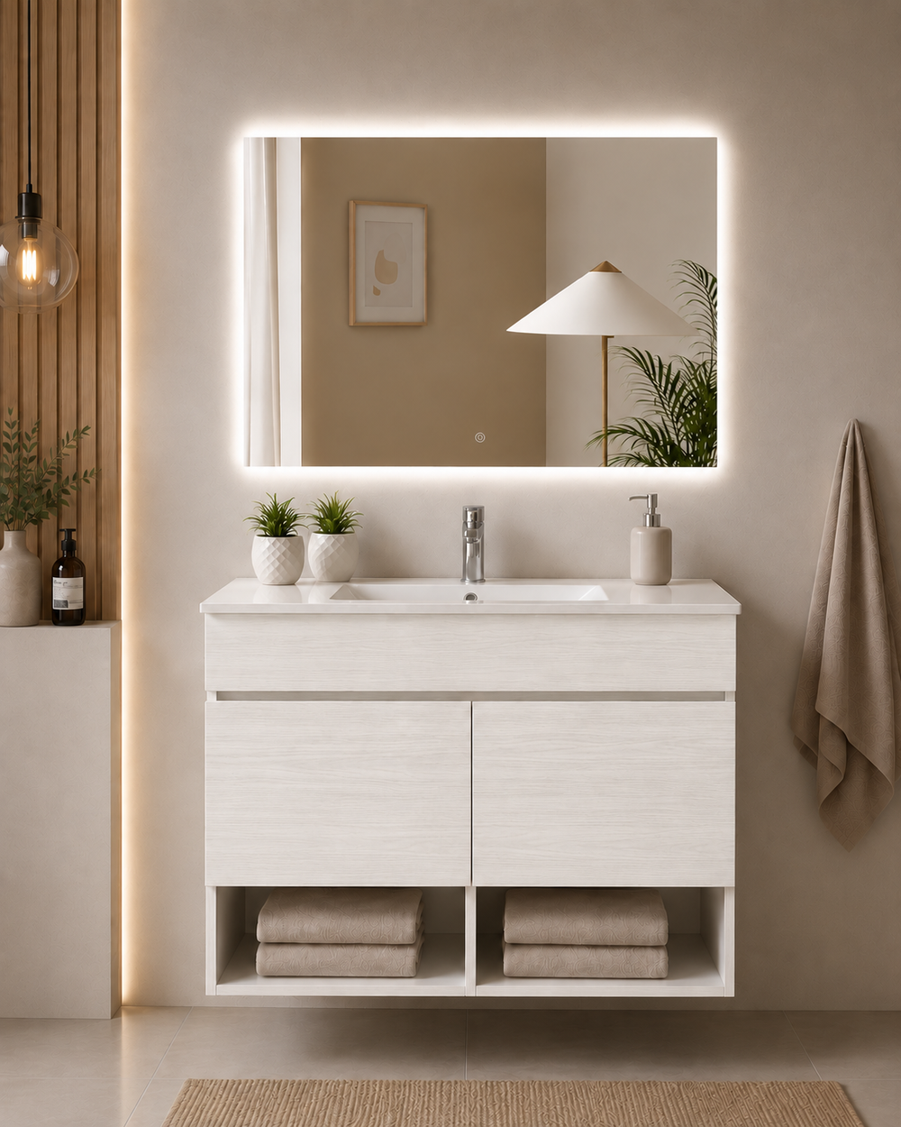 Mobilier de baie suspendat NEBARI cu uși și lavoar extraplano · Alb nordic