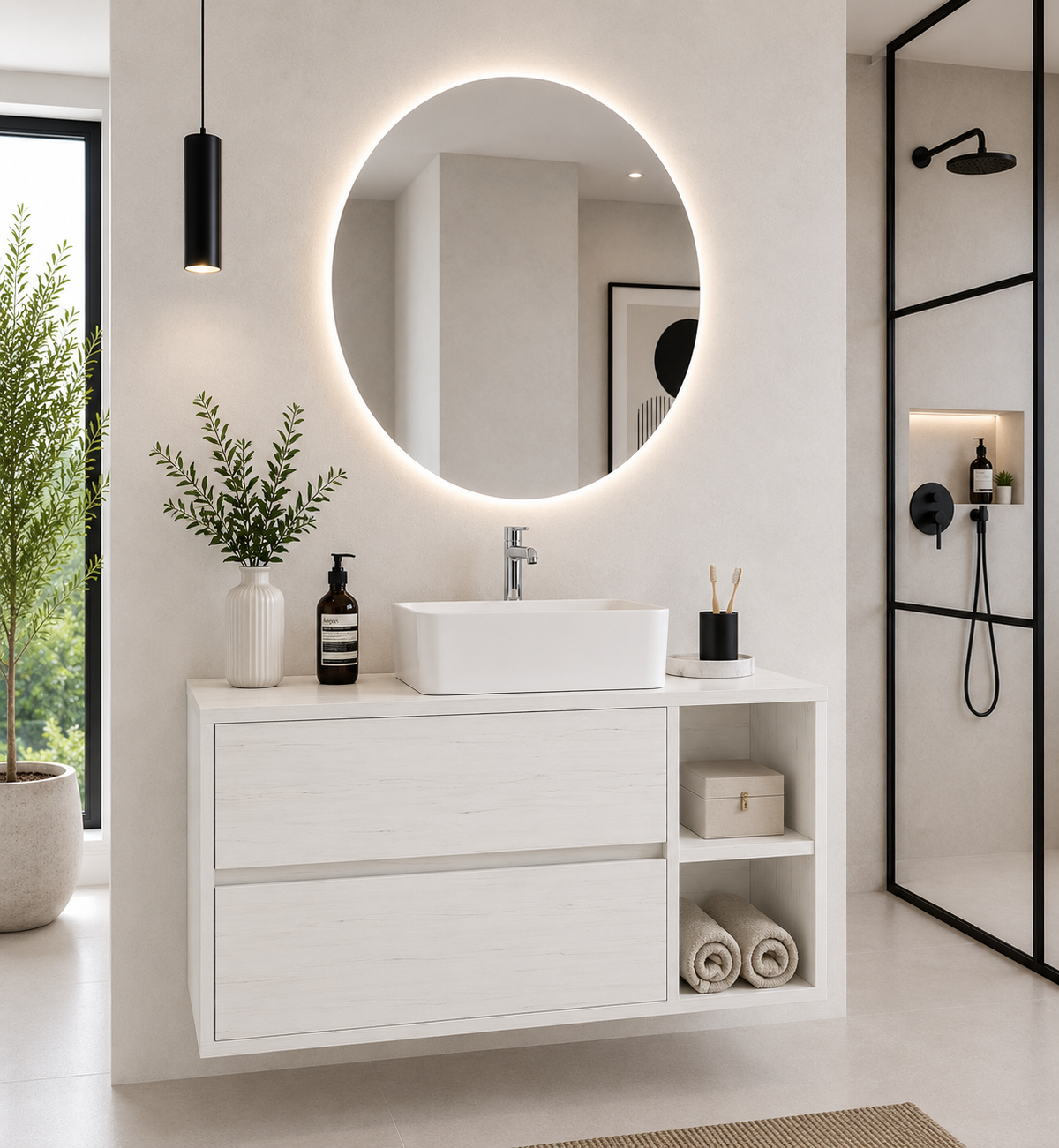 Mobilier de baie ZEUS cu blat de lemn și lavoar pe blat