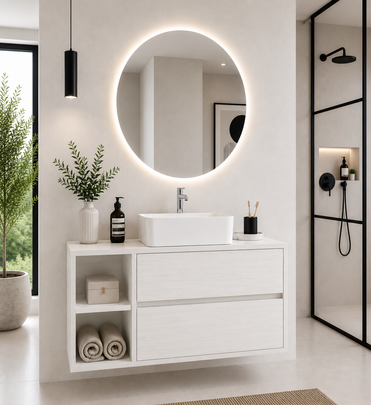 Mobilier de baie ZEUS cu blat de lemn și lavoar pe blat