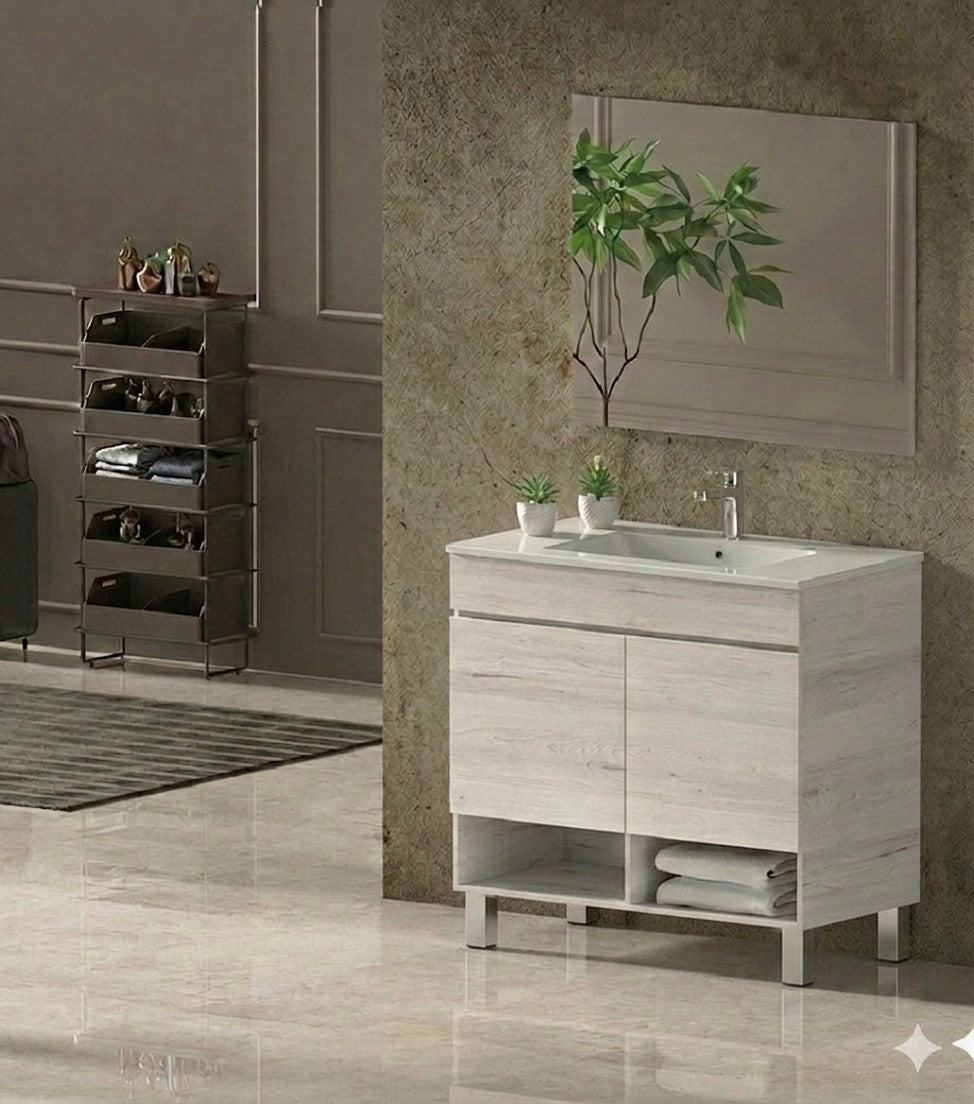 Mobilier de baie cu picioare NEBARI cu uși și lavoar extraplano