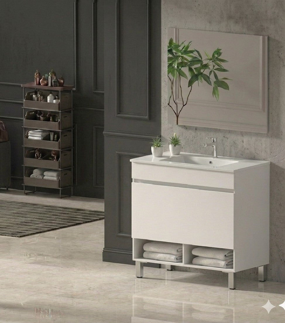 Mobilier de baie cu picioare NEBARI cu sertar și lavoar extraplano