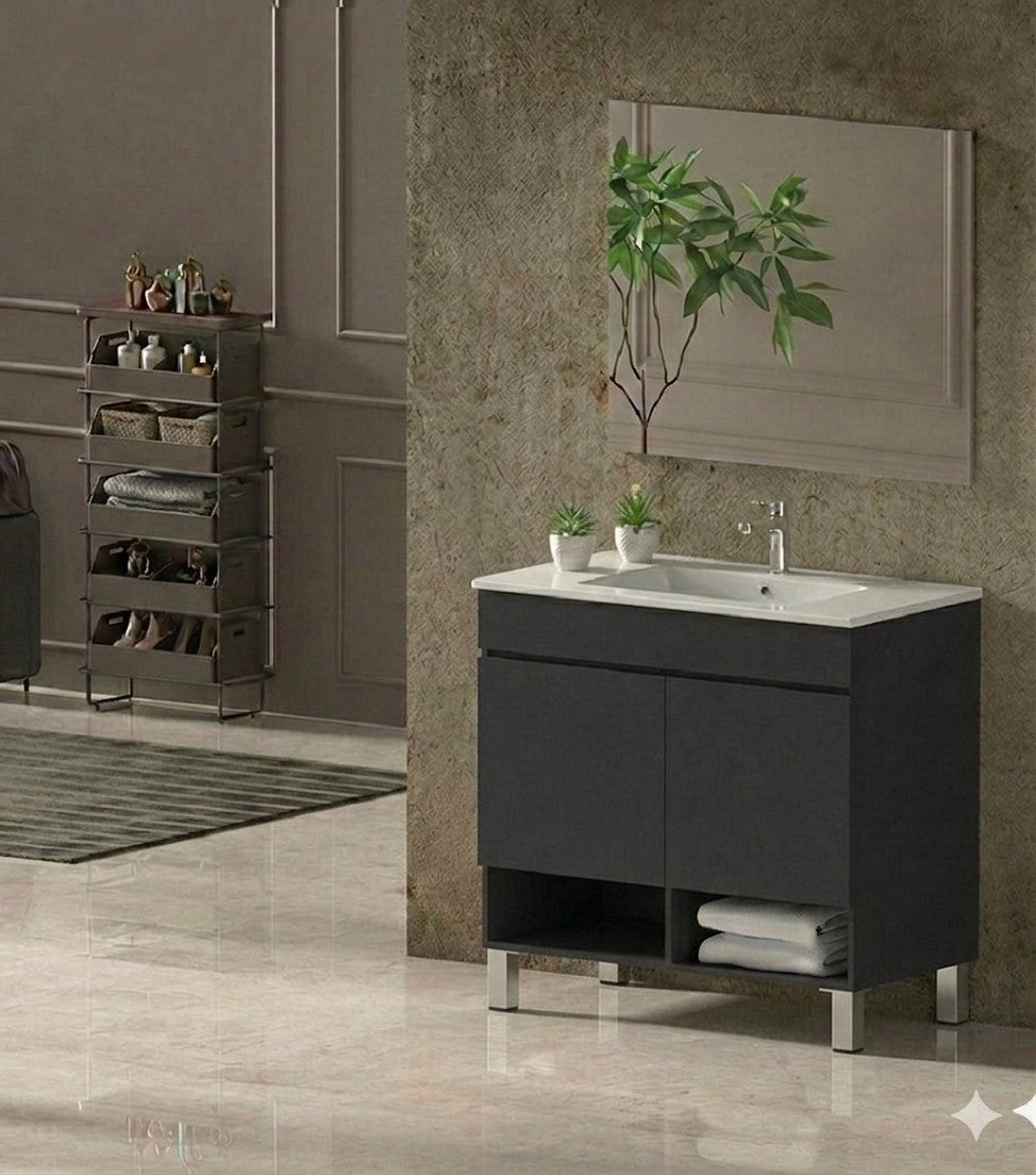 Mobilier de baie cu picioare NEBARI cu uși și lavoar extraplano