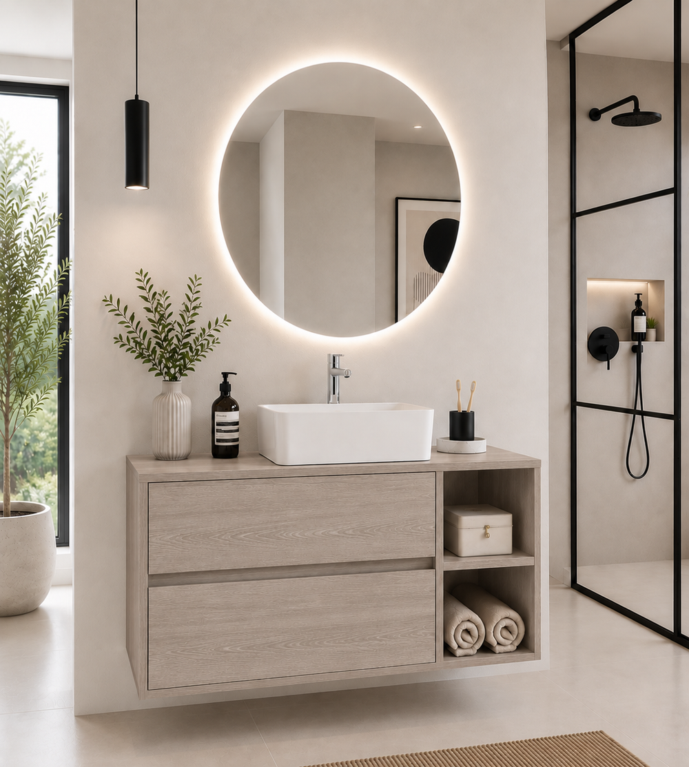 Mobilier de baie ZEUS cu blat de lemn și lavoar pe blat · Stejar Smoky