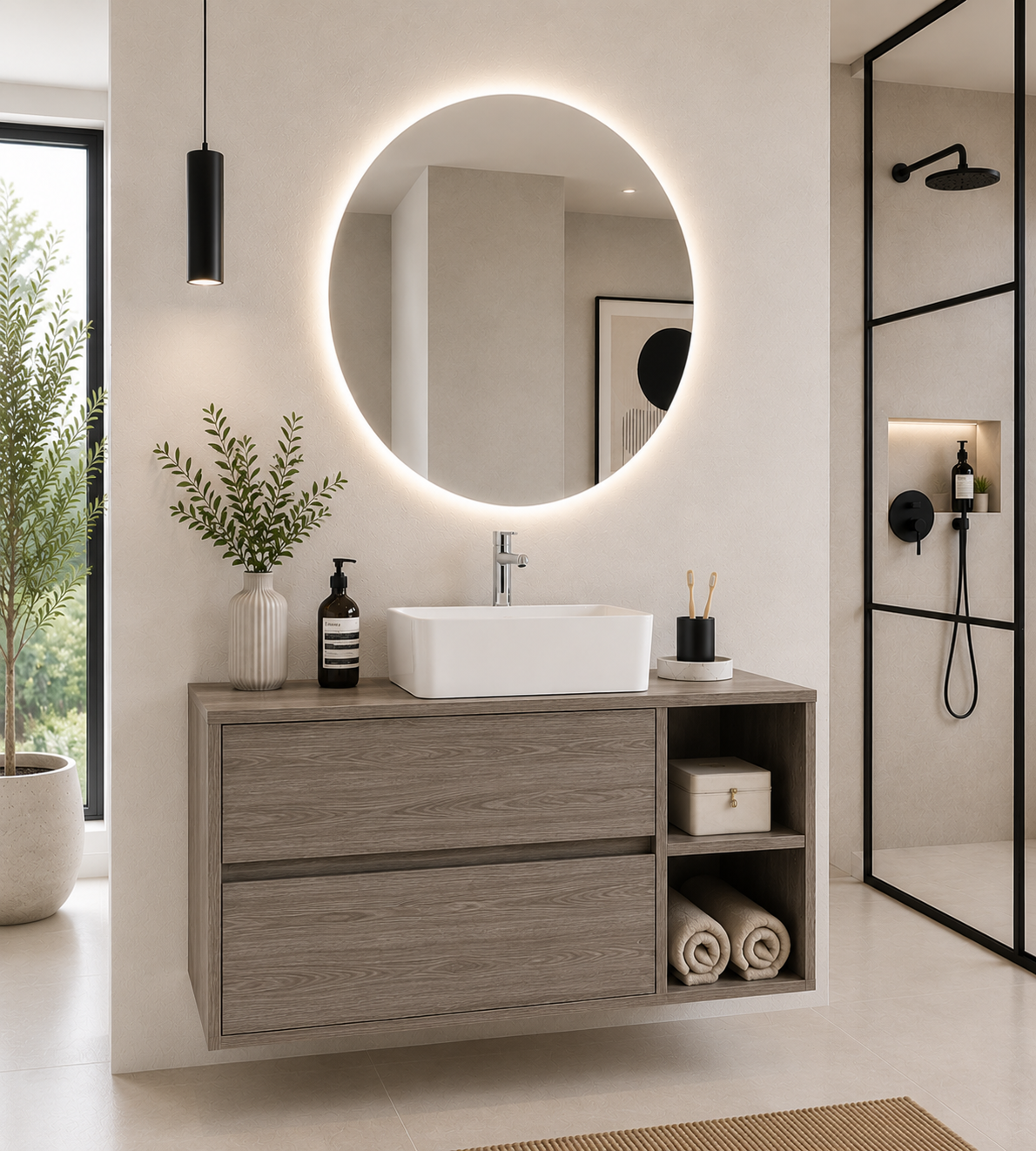 Mobilier de baie ZEUS cu blat de lemn și lavoar pe blat