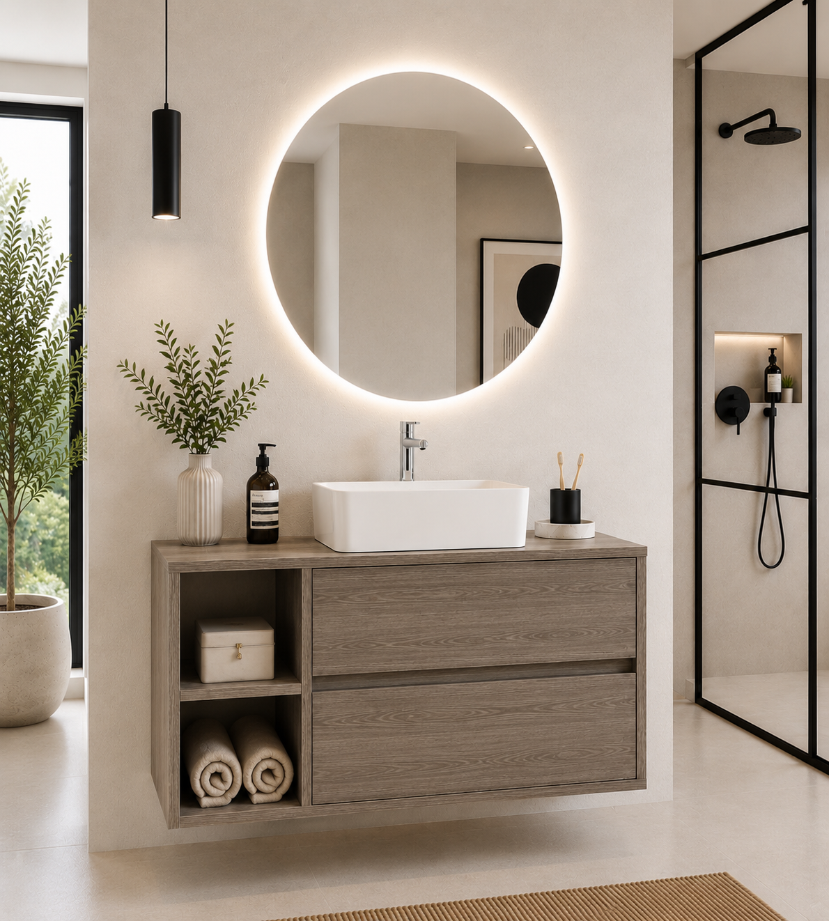 Mobilier de baie ZEUS cu blat de lemn și lavoar pe blat
