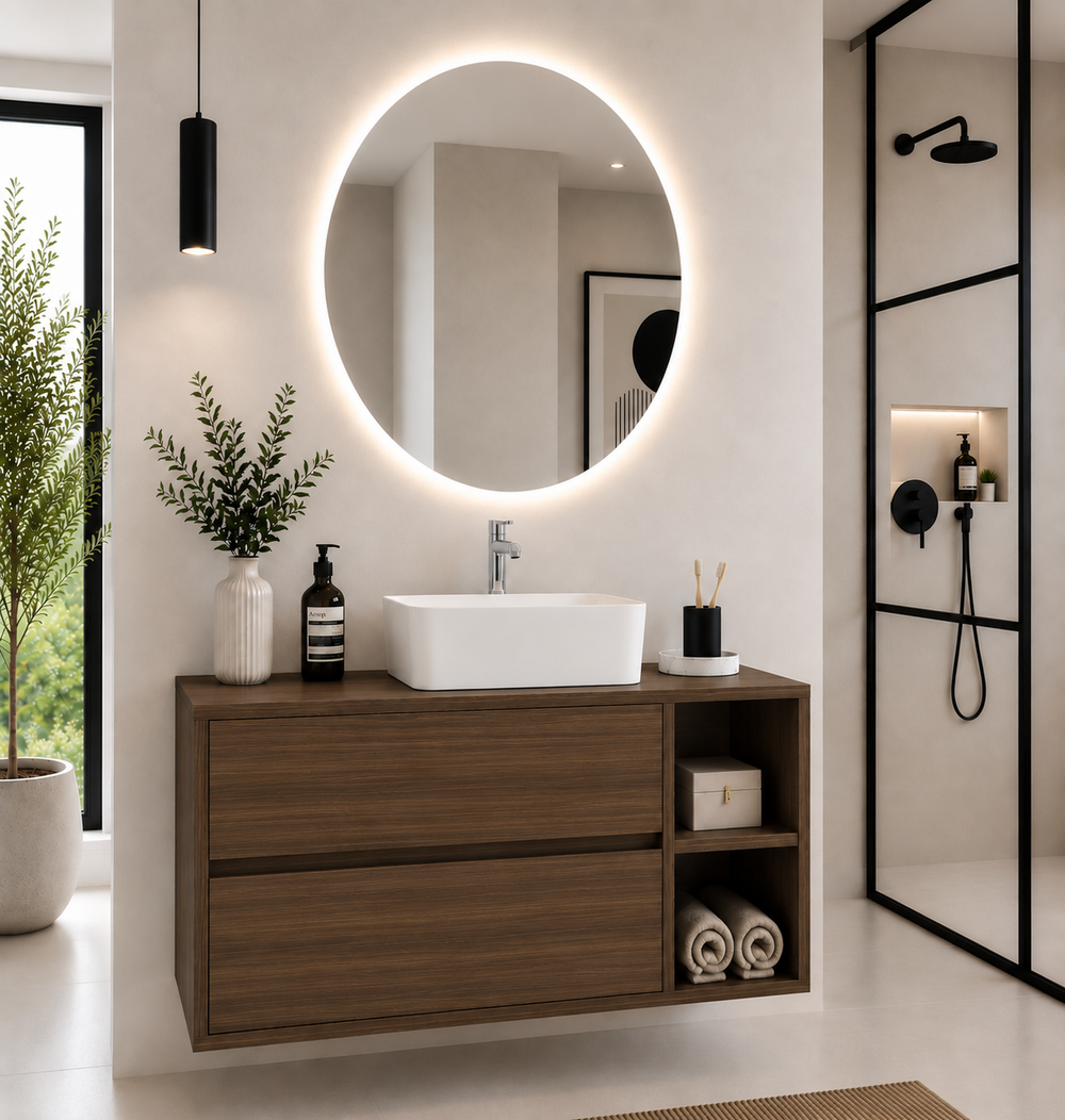Mobilier de baie ZEUS cu blat de lemn și lavoar pe blat · Frasin Tea