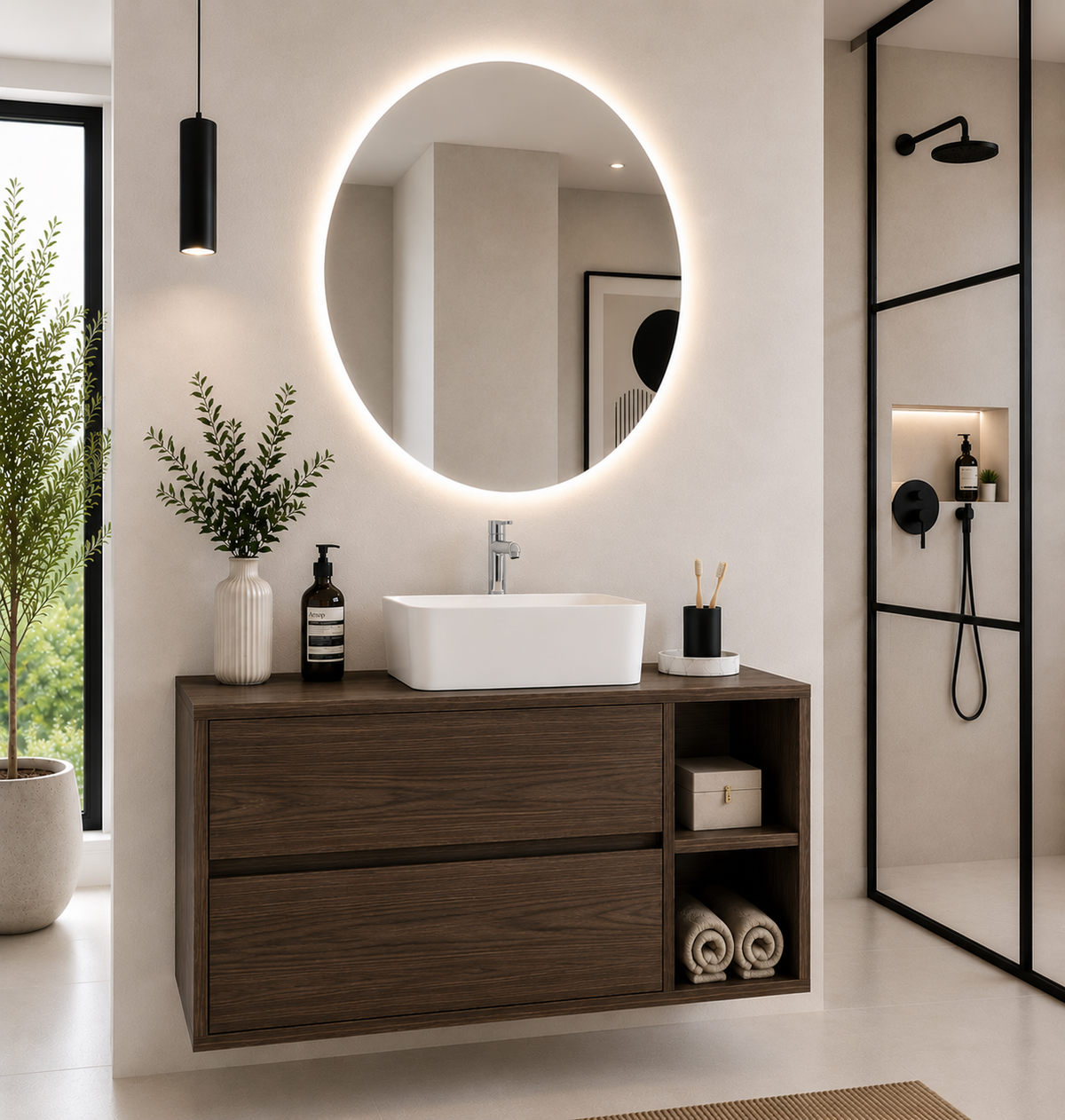 Mobilier de baie ZEUS cu blat de lemn și lavoar pe blat