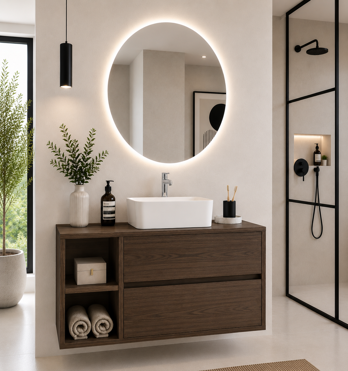 Mobilier de baie ZEUS cu blat de lemn și lavoar pe blat