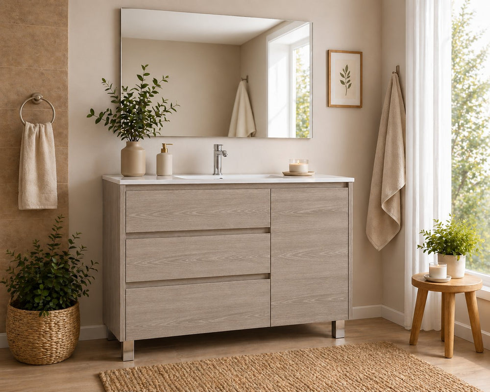 Mobilier de baie cu VOLUM cu 3 sertare și ușă și lavoar · Stejar Smoky