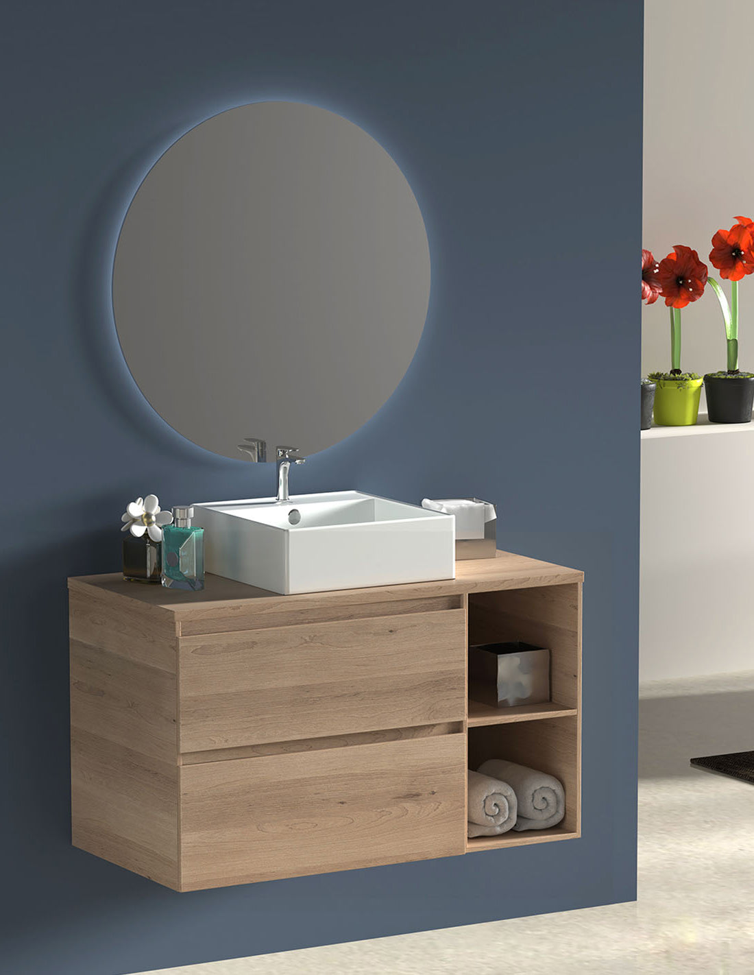 Mobilier de baie ZEUS cu blat de lemn și lavoar pe blat