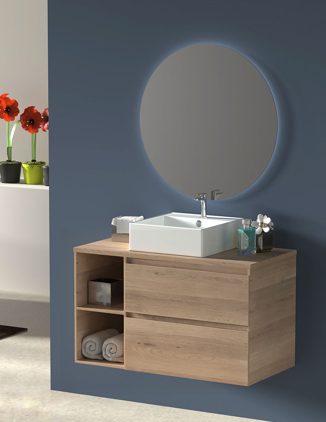 Mobilier de baie ZEUS cu blat de lemn și lavoar pe blat