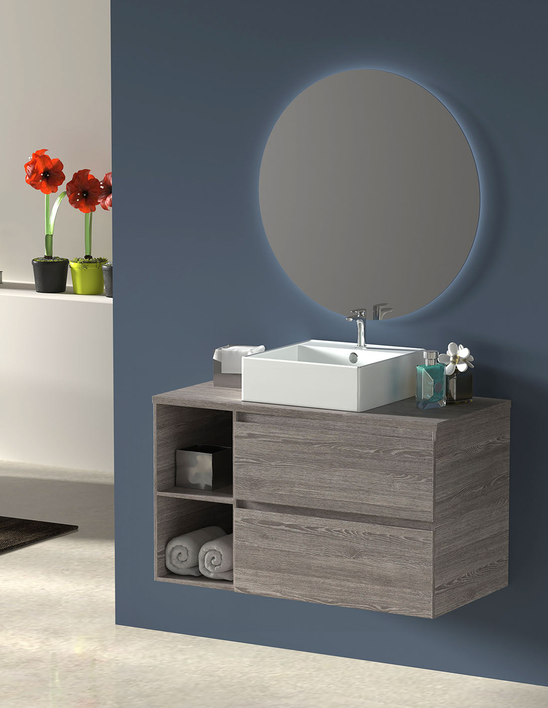 Mobilier de baie ZEUS cu blat de lemn și lavoar pe blat