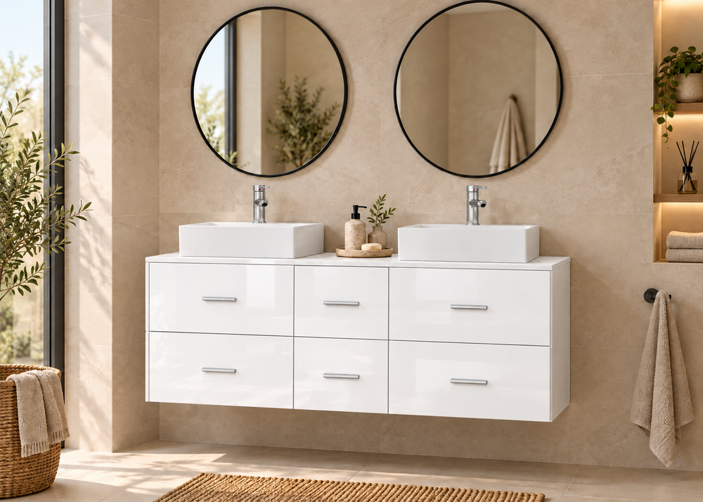 Mobilier de baie MILOS 121 cm cu 2 lavoare LIBRA · Alb lucios