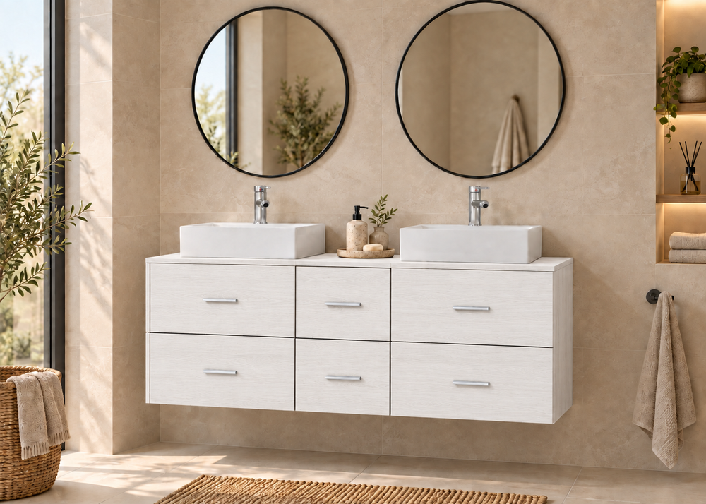 Mobilier de baie MILOS 121 cm cu 2 lavoare LIBRA · Alb nordic