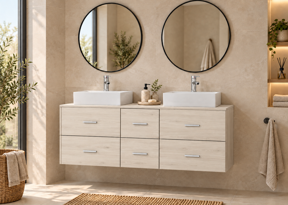 Mueble de baño MILOS 121 en Blanco nórdico con dos lavabos LIBRA