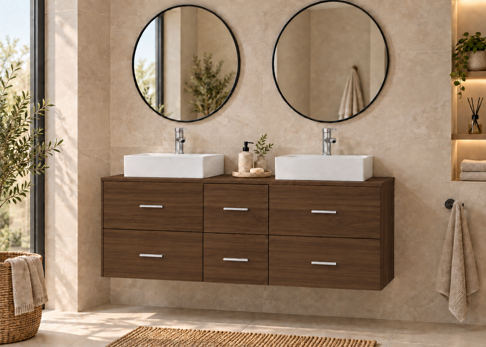 Mobilier de baie MILOS 121 cm cu 2 lavoare LIBRA · Frasin Tea