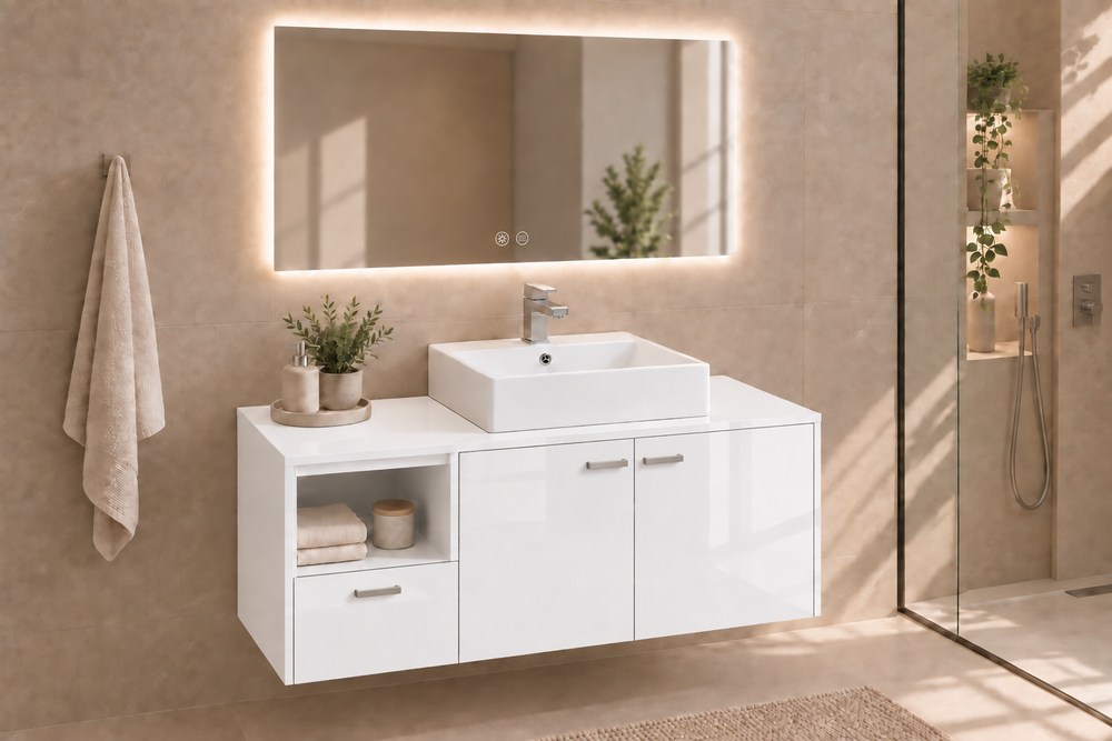 Mobilier de baie NAXOS cu blat și lavoar Libra pe blat · Alb lucios