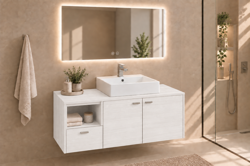Mobilier de baie NAXOS cu blat și lavoar Libra pe blat · Alb nordic
