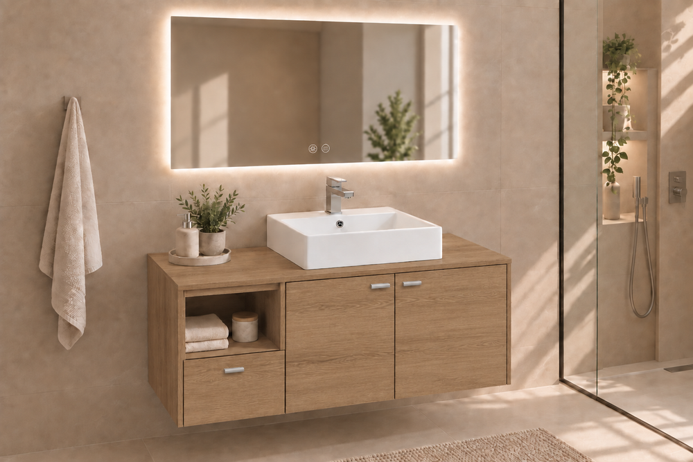 Mobilier de baie NAXOS cu blat și lavoar Libra pe blat · Estepa