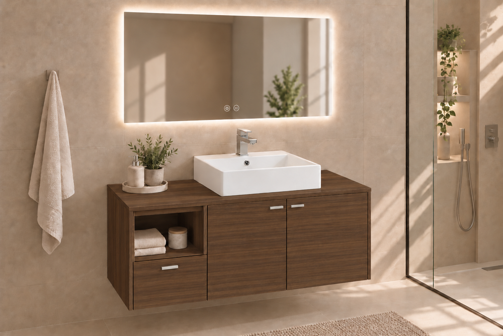 Mobilier de baie NAXOS cu blat și lavoar Libra pe blat · Frasin Tea