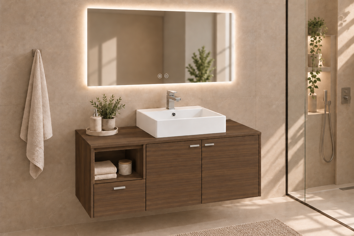 Mueble de baño NAXOS en Fresno Tea con lavabo Libra y tiradores