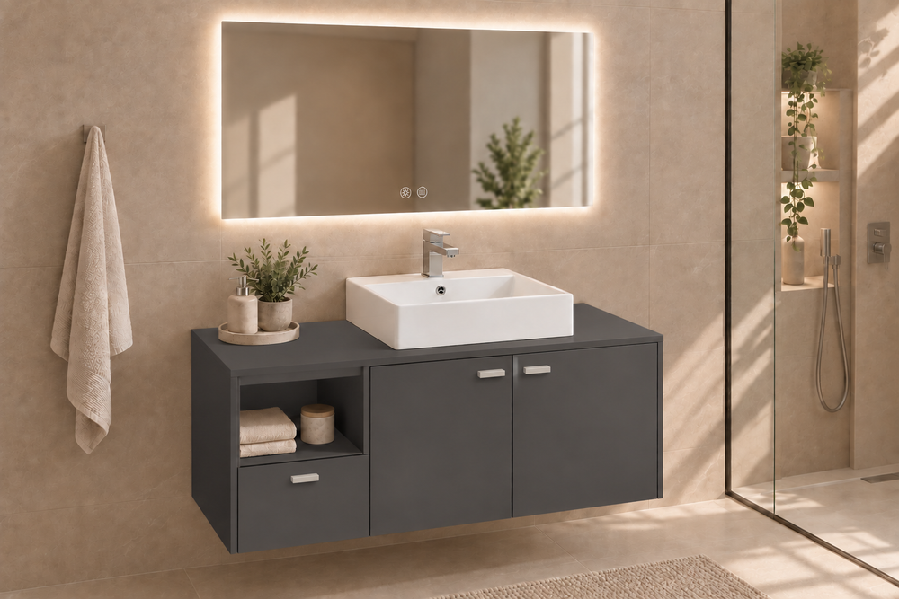 Mobilier de baie NAXOS cu blat și lavoar Libra pe blat · Grafit