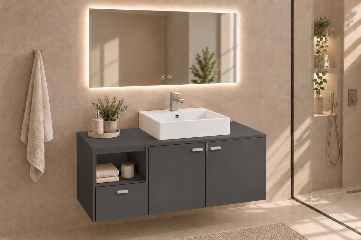 Mueble de baño NAXOS en Grafito con lavabo Libra y tiradores