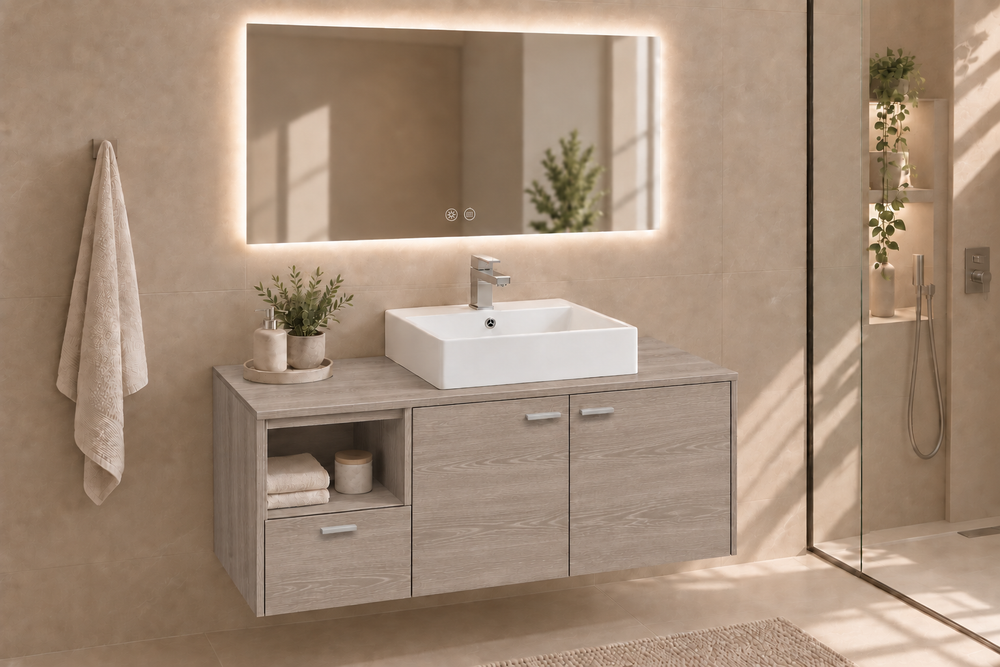 Mobilier de baie NAXOS cu blat și lavoar Libra pe blat · Stejar Smoky