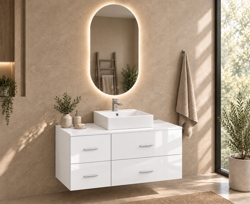 Mobilier de baie PAROS cu blat și lavoar Libra pe blat · Alb lucios